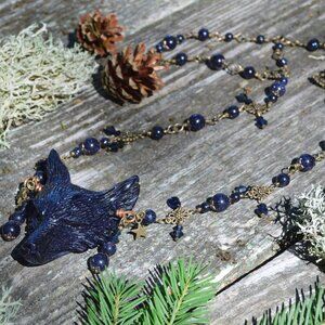 BLUE GOLDSTONE WOLF HEAD PENDANT GOTHIC DARK ELF WITCHY NECKLACE HANDMADE NWOT